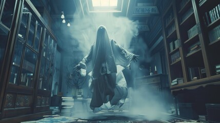 Mysterious Ghostly Figure Levitating in Haunted Library with Eerie Smoke and Spooky Ambience