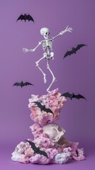 Obraz premium Halloween Skeleton Dancing Among Bats on Pink Coral Against Purple Background