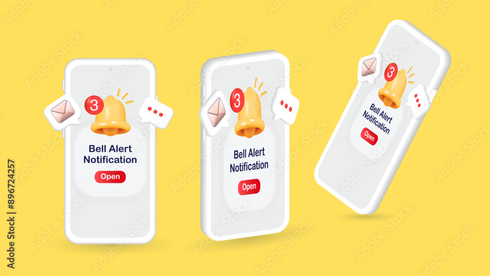 Poster 3d smartphone and smart mobile device with bell and new message notification icons on pastel backgro