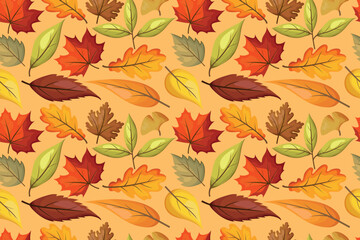 Seamless pattern with autumn leaves light background. Colorful backdrop with Oak, maple, chestnut, linden, aspen and rowan leaves Fall harvest. Vector illustration