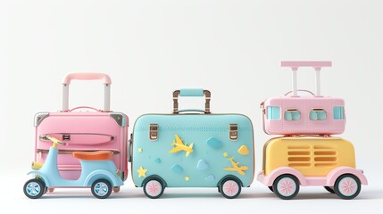 Fototapeta premium Colorful kids' luggage sets with playful designs, ready for travel. Includes suitcase, scooter, and train cases in pastel colors.