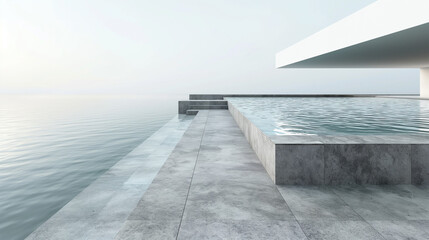 A modern concrete infinity pool overlooks the vast ocean on a foggy morning, background