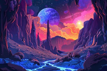 Fototapeta premium Mystical alien landscape with vibrant colors and a distant blue moon