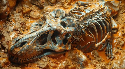 Fototapeta premium Excavation Site Discovery: Dinosaur Skeleton and Fossil Unveiling