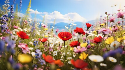 Obraz premium Springtime: Full Bloom Wildflowers with Softly Blurred Colors, A Field of Natural Beauty