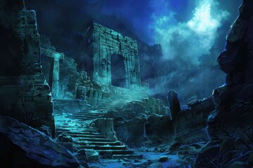 Mysterious temple ruins in a stormy night with bright shining moon
