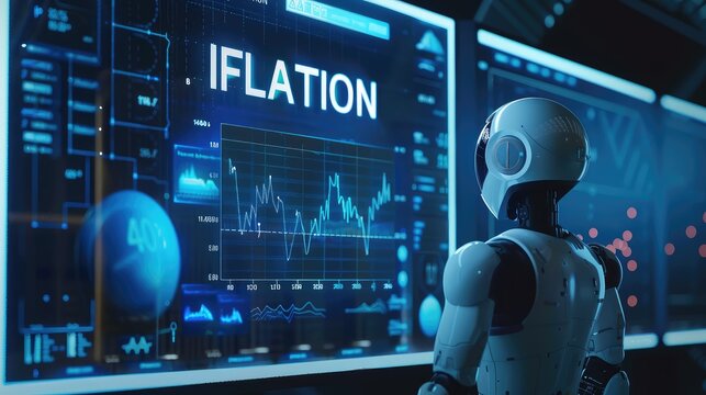 A humanoid robot analyzes financial data on a screen displaying the word inflation and a stock market graph