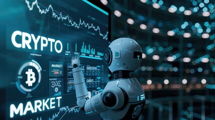 A robotic hand points to a fluctuating line graph on a screen displaying Crypto Market and the Bitcoin symbol