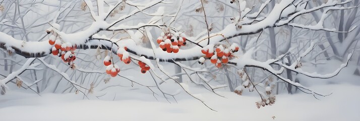 Snow-Covered Branches in a Blurred Winter Background. Copy Space