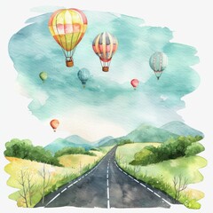 Obraz premium A vibrant watercolor scene featuring colorful hot air balloons soaring above a tranquil countryside road and rolling hills.