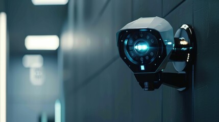 Close-up of a sleek security camera mounted on a wall, with a futuristic design and an LED indicator light 