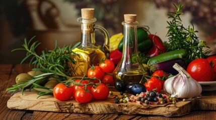Mediterranean ingredients on wooden surface
