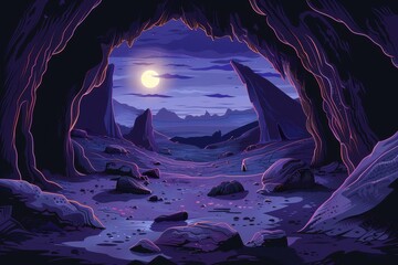 Rocky moonlit cavern landscape with distant mountains