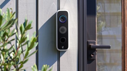 A smart doorbell with an integrated camera and two-way audio, showing a clear video feed of visitors at the front door