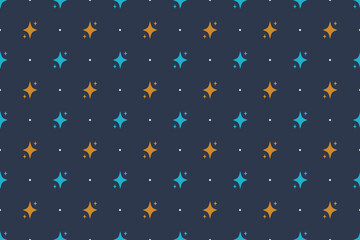 Seamless pattern of geometric stars in blue and orange colors on dark background