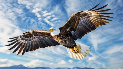 Fototapeta premium A majestic bald eagle soars against a blue sky with wispy clouds, showcasing its impressive wingspan in a stunning display of freedom.