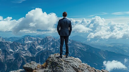 Successful businessman, a man in a suit, stands at the summit of the mountain, Panoramic view on mountains hills Successfully achieving your goal. Success Business Leadership, Winner on top. 