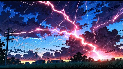 pink lightning strike in night sky background design cartoon anime illustration