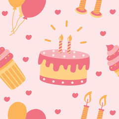Cute Pink Birthday Cake Cupcake Seamless Pattern Motif Decoration Vector Illustration