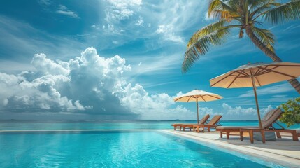 Naklejka premium Tropical Paradise: Poolside Relaxation Under Palm Trees