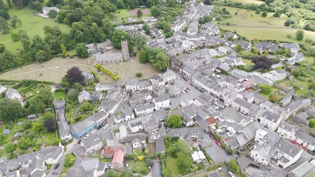 Drone fly down of the centre of Chagford, a small market town in Dartmoor, Devon, England