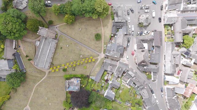 Aerial top down view of Chagford, a market town and civil parish on the north-east edge of Dartmoor, in Devon, England