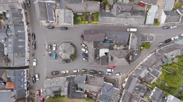 Aerial top down fly in of the centre of Chagford, a small market town in Dartmoor, Devon, England