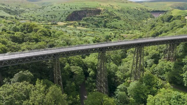 Aerial profile of Meldon Viaduct with Okement Valley as a scenic backdrop in Dartmoor National Park