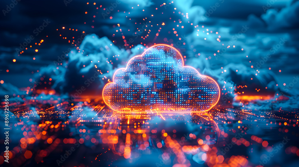 Poster digital informational technology web futuristic hologram with cloud icon, blue golden light digits a