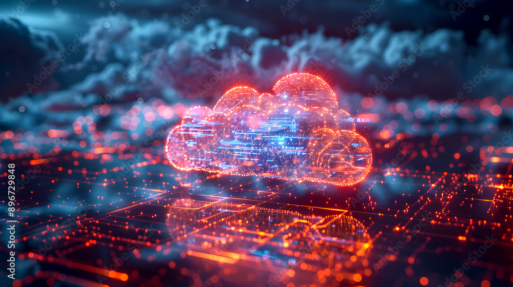 Poster digital informational technology web futuristic hologram with cloud icon, blue golden light digits a