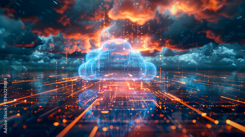 Poster digital informational technology web futuristic hologram with cloud icon, blue golden light digits a