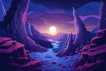 Mystical canyon landscape with river and full moon in shades of purple