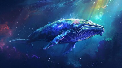 Fototapeta premium A majestic whale with iridescent skin swimming in a luminous, glowing ocean.