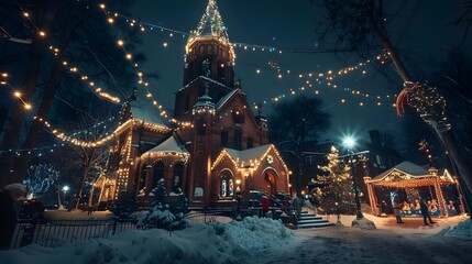 Historic Church Decorated With Christmas Lights at Night
