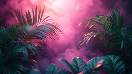 Tropical palm leaves in colorful mist