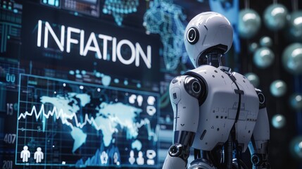 A futuristic robot stands before a screen displaying the word inflation and a global economic graph