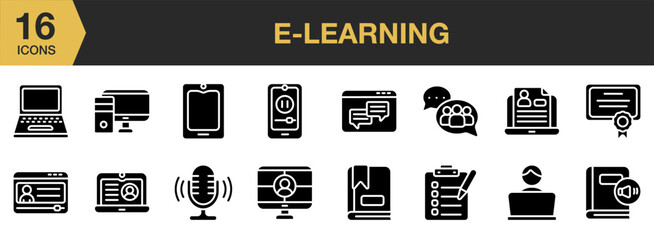 E-Learning icon set. Includes laptop computer, online library, tablet, e-book, webinar, and More. Solid icons vector collection.
