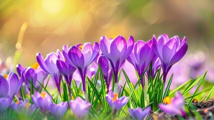 Crocus flowers in full bloom with selective focus in spring grass