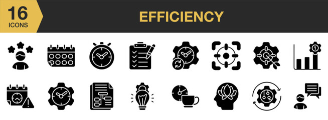 Efficiency icon set. Includes skill, calendar, creativity, checklist, break time, and More. Solid icons vector collection.