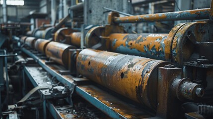 Stopped painted machines covered with a thin layer of dust in the factory setting.
