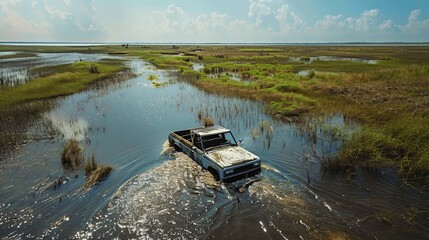 The car drowned in the swamp, submerged and stranded in the muddy water.