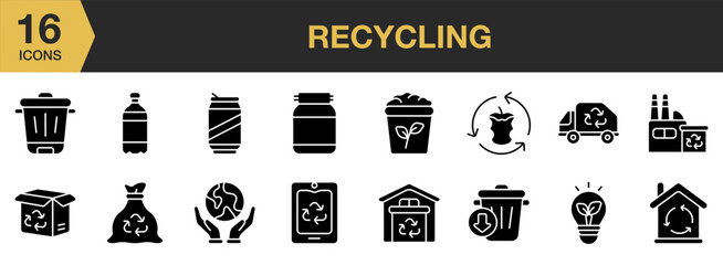 Recycling icon set. Includes trash can, garbage, factory plant, aluminium can, plastics bottle, and More. Solid icons vector collection.