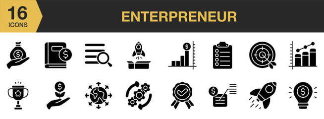 Enterpreneur icon set. Includes goals, investment, profit, launching, operations, report, and More. Solid icons vector collection.