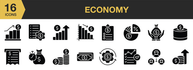 Economy Glyph icon set. Includes revenue, interest rate, cash flow, banknote, financial planning, loan, and More. Solid icons vector collection.