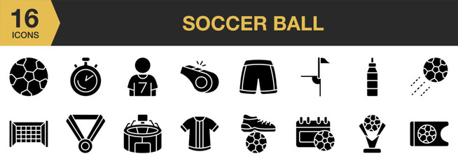 Soccer Ball Glyph icon set. Includes ball, ball player, short, corner kick, football schedule, and More. Solid icons vector collection.