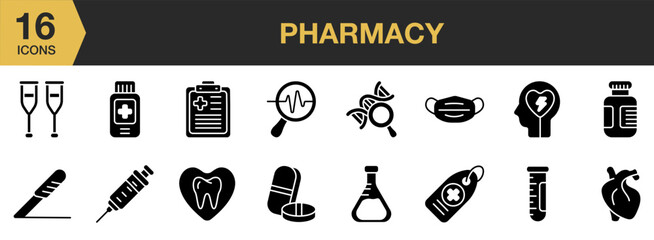 Pharmacy Glyph icon set. Includes Biochemistry, crutches, general surgery, diagnostic, flask, and More. Solid icons vector collection.