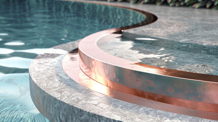 A close-up of a swimming pool's edge, featuring a copper trim and steps, background