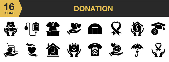 Donation Glyph icon set. Includes blood donation, charity ribbon, disability support, donation, animal shelter, and More. Solid icons vector collection.