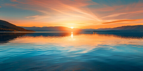 "Serene Sunset Over Calm Lake, Tranquil Evening Reflected on Water Surface"
