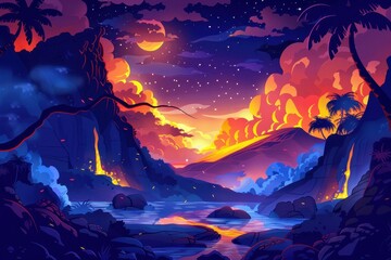 Vibrant Fantasy Landscape with Mystical River and Glowing Volcanoes